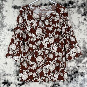 Chicos Blouse Womens Size Medium (1)‎ Floral Triangle Keyhole Neck Wide Sleeve